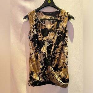 Vintage MEXX printed sleeveless blouse with front crossover layered detail.
